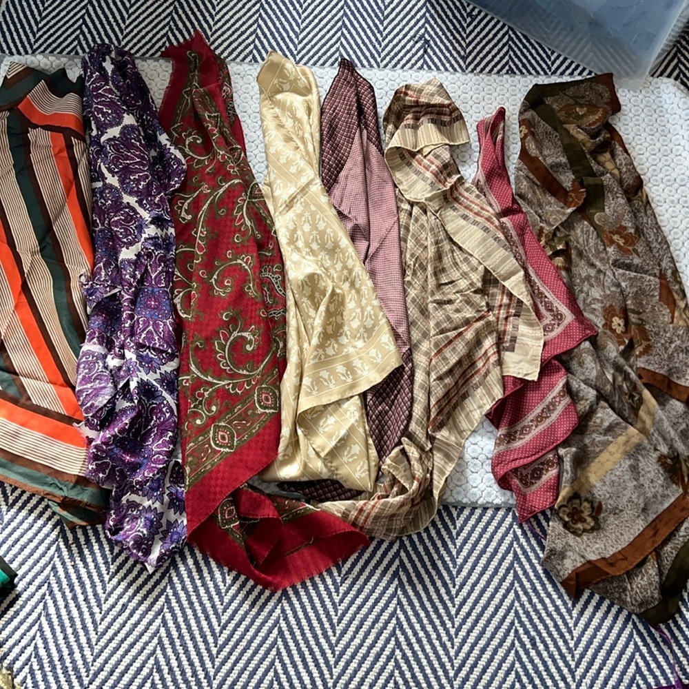 HUGE lot of scarfs for hair, purse, accessory! Neutrals lands end Anne Klein